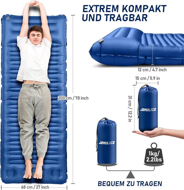 Detalle de JEMULICE Isomatte Camping mit 12 cm Komforthöhe und Fußpumpe – ultraleichtes Packmaß für Zelt & Wandern