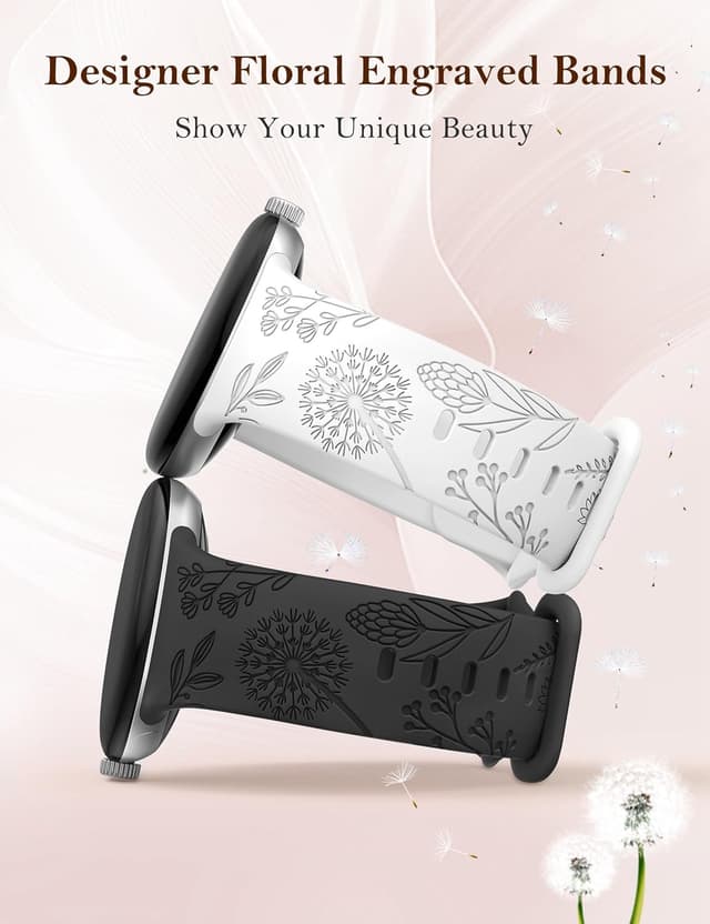 Detalle 2 de TOYOUTHS 2-Pack Floral Engraved Silicone Strap for Google Pixel Watch 4/3 (41mm) & Pixel Watch 2/1 — Black/White