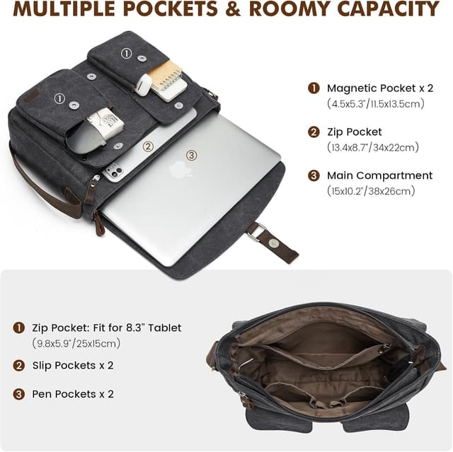 Detalle de S-ZONE Canvas Messenger Bag for Men – Vintage satchel crossbody with pockets for up to 15.3-inch laptops