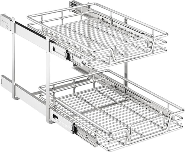 Detalle de QUYUWU 2-Tier Stainless Steel Pull-Out Kitchen Cabinet Shelf & Drawer Organizer (15" W x 18" D)