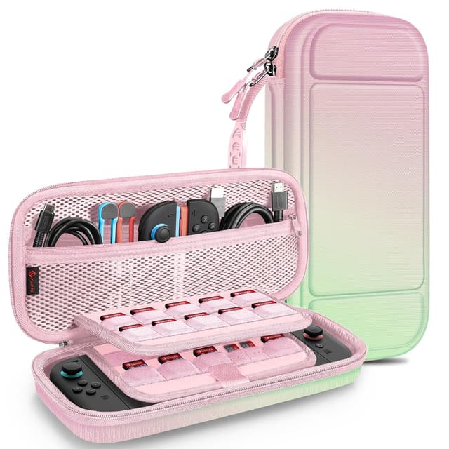 Detalle de FINTIE Tasche für Nintendo Switch 2 (2025) – EVA-Hülle mit Kartenhaltern, Netztasche und Rundum-Reißverschluss (Rosa Grün)