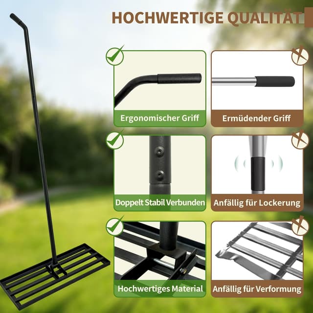 Detalle de LYFETC Rasen Rakel 75x25 cm – schwerer Rasen-Nivellierrechen mit ergonomischem gebogenem Griff