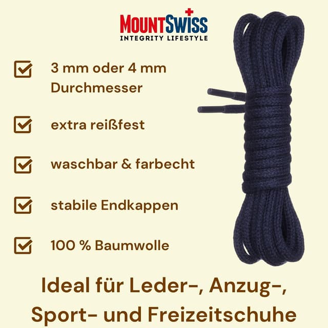 Detalle de Mount Swiss lacets ronds en coton premium (3 à 4 mm) – indéchirables, extrémités anti-effilochage