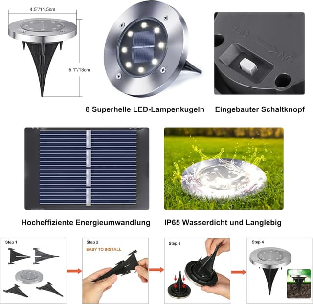 Detalle 2 de Qedertek 16er-Set Solar-Bodenleuchten für außen mit 8 LEDs – wasserdicht (IP65) für Garten, Gehweg & Auffahrt