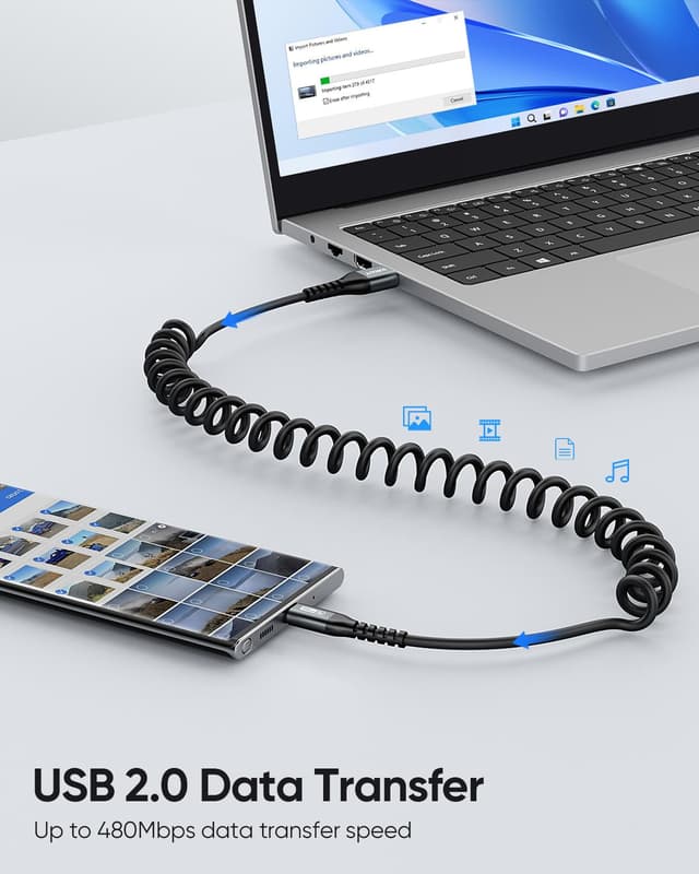 Detalle 2 de SUNGUY USB‑C Spiralkabel (1,8 m) – Datenkabel für Auto, Android Auto & Carplay