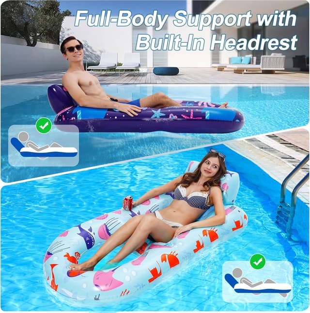 Detalle de PuppyuWill 2 Pack Inflatable Pool Lounger Floats for Adults (Heavy-Duty with Cup Holder, Backrest & Footrest)