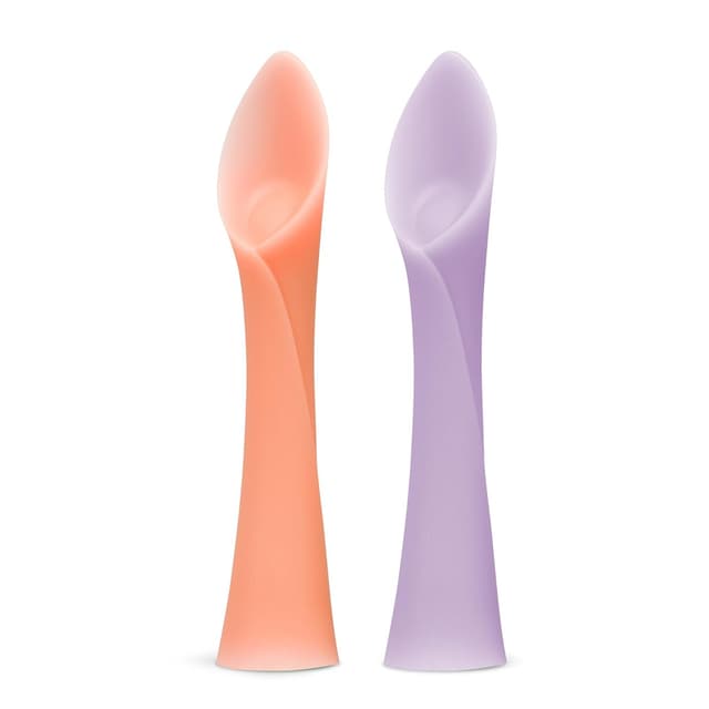 Detalle de Olababy 100% Silicone Soft-Tip Training Spoon 2-Pack (Coral/Lilac) for Baby-Led Weaning