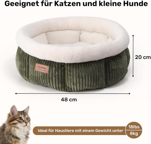 Detalle de FUKUMARU Katzenbett waschbar 48 x 48 x 20 cm – Plüsch-Katzenkorb mit erhöhtem Rand, grün