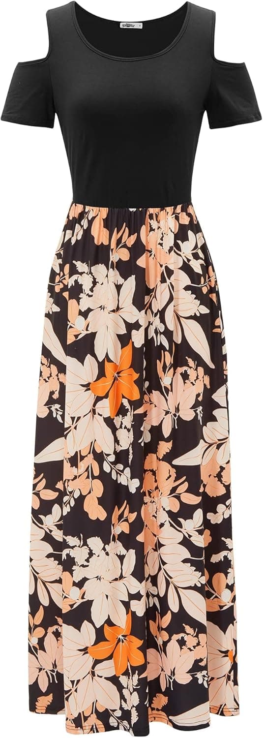 Detalle de STYLEWORD Robe longue femme d’été florale à épaules dénudées et poches