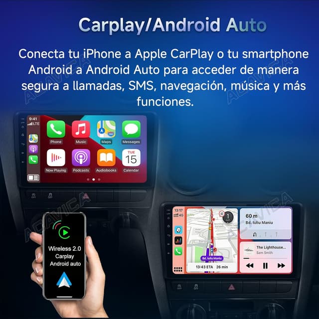 Detalle de ACAVICA Autoradio 2 DIN da 9" Android 14 con Wireless CarPlay/Android Auto e comandi volante (per VW/Skoda/Seat)