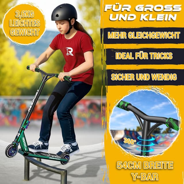 Detalle de RE:SPORT REVO PRO Stunt-Scooter mit Ständer, 110-mm PU Wheels & Y-Bar (ABEC 9, HIC-Kompression)