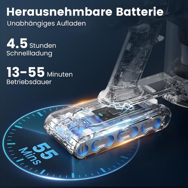 Detalle de Aspirateur balai sans fil 400 W 45 kPa : autonomie 55 min, écran LED et batterie amovible