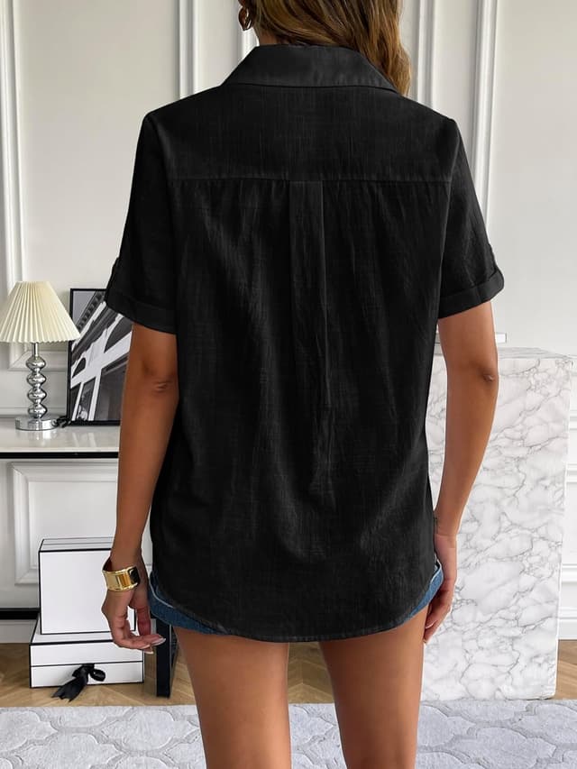 Detalle de Zeagoo Women Linen Button Down Shirt Rolled Cuff Short Sleeve V-Neck Blouse