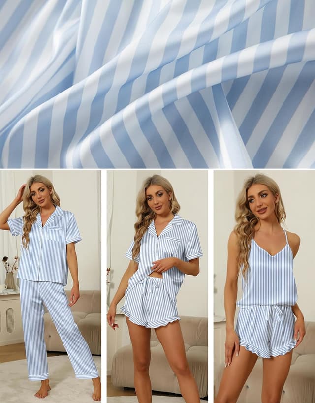 Detalle de SAPJON Women’s 4-Piece Satin Pajama Set with Ruffled Shorts (Button-Down Cami & Notch Collar Top)