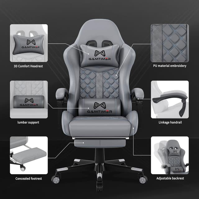 Detalle 2 de Gamtimer Gaming Chair (Grey) — High-Back Office Chair With Footrest, Lumbar Support & 400 lbs Weight Capacity