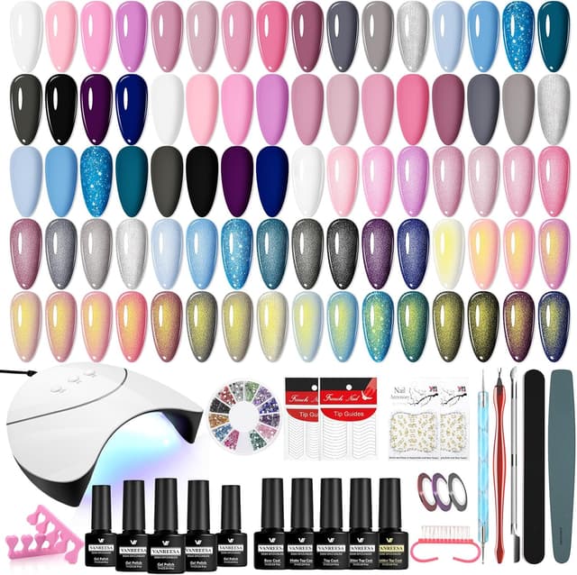Detalle de Kit vernis semi permanent VANREESA 20 couleurs avec lampe UV 36 W, base, top & paillettes (25 pièces)