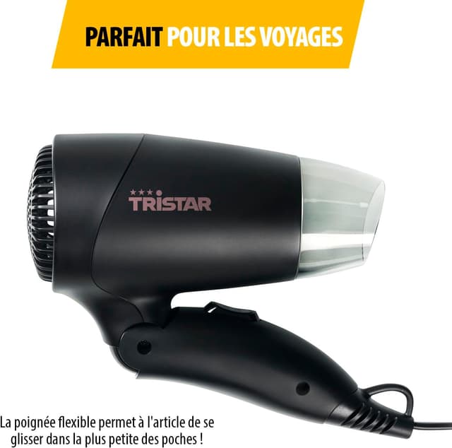 Detalle de Tristar HD-2460 : sèche-cheveux de voyage compact à poignée pliable (1200 W) noir