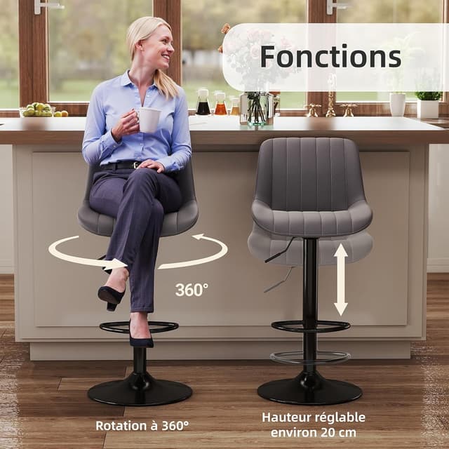 Detalle de Youhauchair Tabouret de bar pivotant réglable avec dossier (lot de 3) en simili PU gris foncé