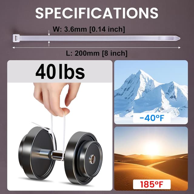 Detalle de Yaluzibi 1000-pack 8 inch white nylon cable ties (PA66), UV resistant self-locking