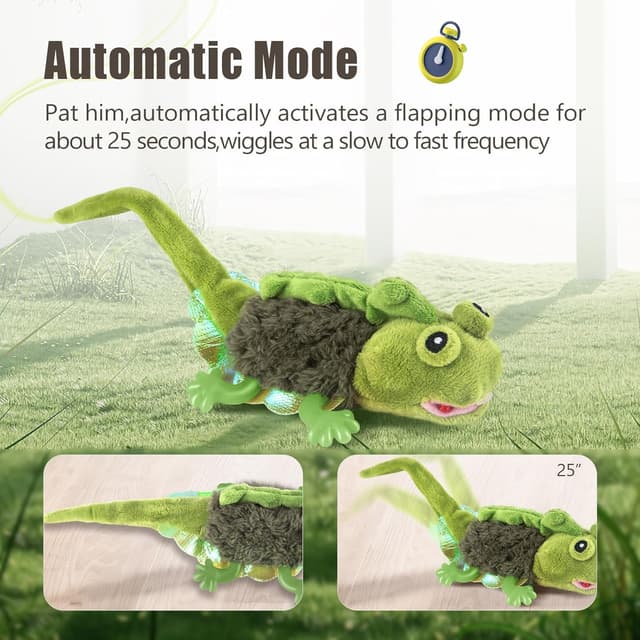 Detalle de Migipaws touch-activated flapping chirping lizard kitten toy (USB rechargeable)