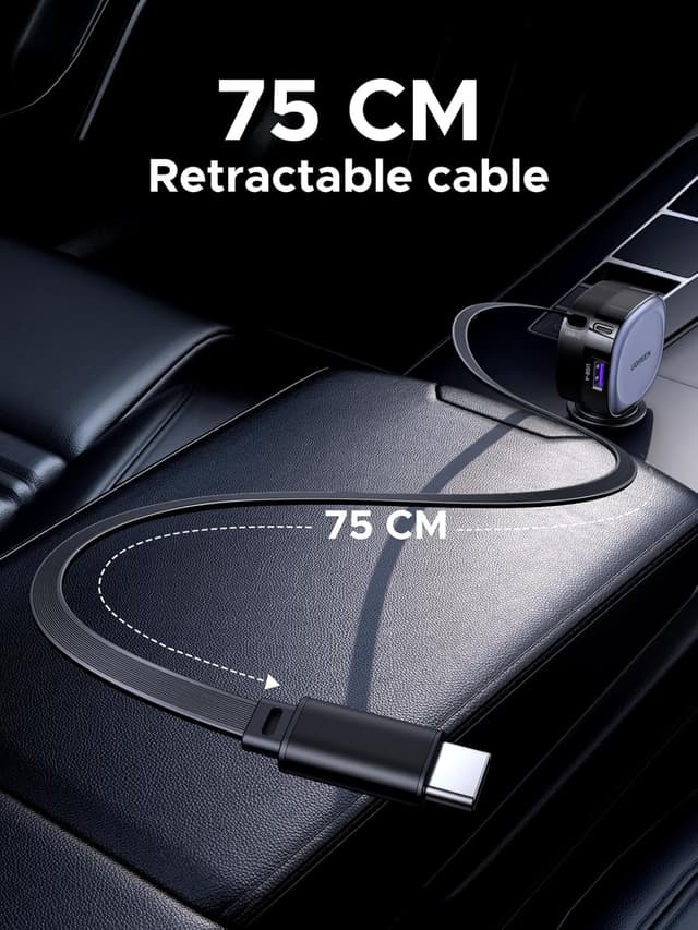 Detalle 2 de UGREEN 75W Retractable Car Charger 3‑in‑1