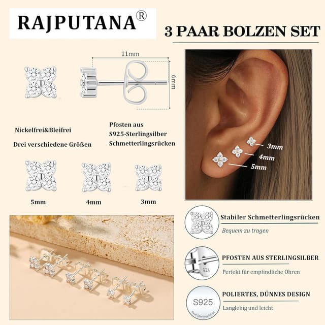 Detalle 2 de Rajputana Sterling Silber Ohrstecker Set 3 Paar