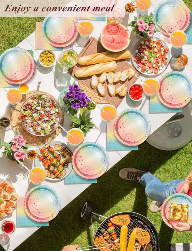 Detalle de Nkaiso 126-Piece Rainbow & Gold Party Tableware Set for 25 Guests