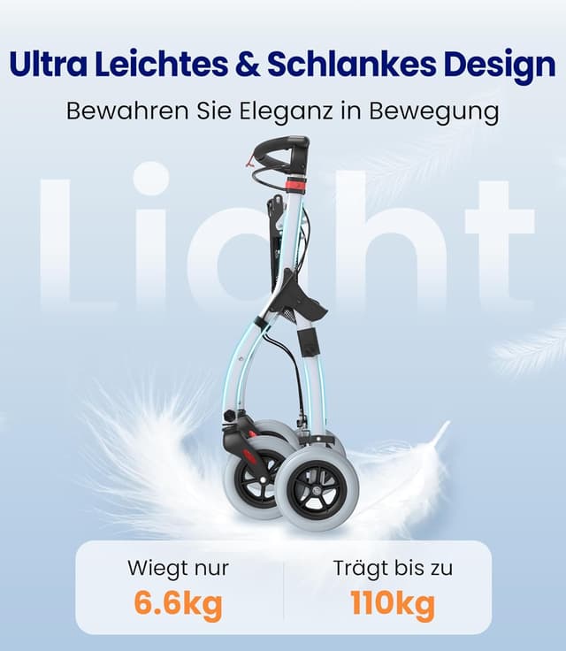 Detalle de VOCIC Z32 Lite Rollator schmal für die Wohnung – faltbar & leicht, Indoor-Rollator mit leisen PU-Reifen
