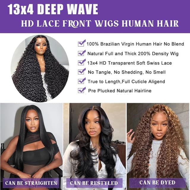 Detalle de Momaksa 30 Inch 13x4 HD Lace Front Deep Wave Human Hair Wig (200% Density, Glueless)