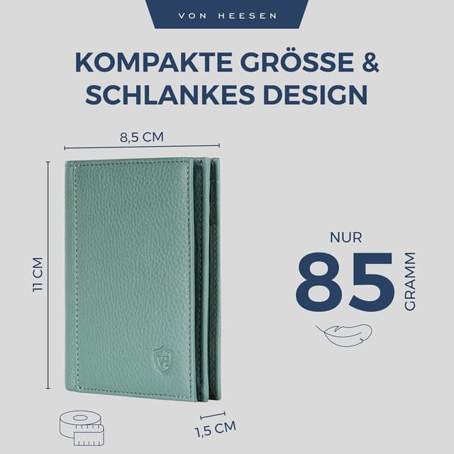 Detalle 2 de VON HEESEN Leder-Geldbörse mit XL-Münzfach & RFID-Schutz in Türkis