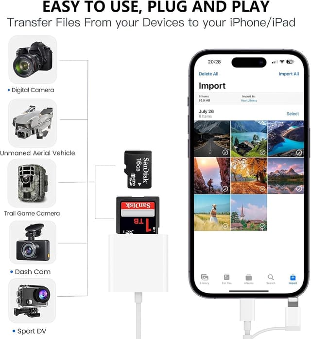 Detalle 2 de Apple MFI zertifizierter SD Kartenleser für iPhone (Lightning) & iPad – SD-/MicroSD-Adapter für Fotos & Videos