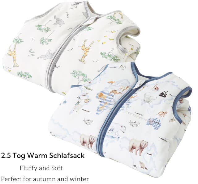 Detalle de Chilsuessy Baby Schlafsack mit Füßen im 2er-Set (2,5 Tog) – Ganzjahres-Schlafsack für Kinder, 85–95 cm