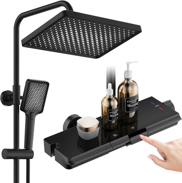 Detalle de HOMELODY Duschsystem mit Thermostat, Glasablage und 30×20 cm Kopfbrause (schwarz) – Komplettset mit 3 Strahlarten