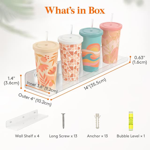 Detalle 2 de Lifewit 14" Clear Acrylic Floating Shelves for Bathroom, Organizer Wall Rack (4-Pack)