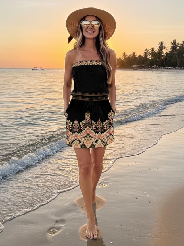 Detalle de Women’s Strapless Summer Dress Boho Beach Cover-Up with Drawstring Waist and Pockets