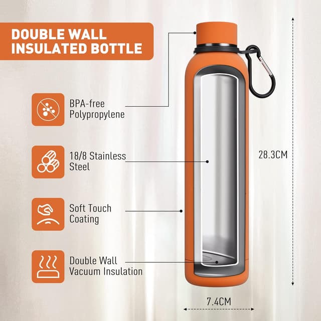 Detalle de Exllena Insulated Water Bottle 1L with Buckle (Double Wall Stainless Steel) – Orange