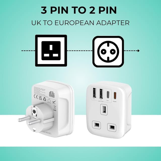Detalle 2 de Double Dragon 20W Fast Charging 5-in-1 UK to EU Travel Adapter (2× USB-A & 2× USB-C, UK 3-pin to EU 2-pin)