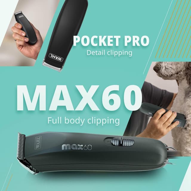 Detalle de Wahl Animal Clipper Kit Max 60 & Pocket Pro : tondeuse sans fil pour chiens et chats, faible vibration