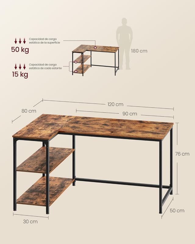 Thumbnail 2 de VASAGLE Scrivania Angolare L 120x80 Marrone