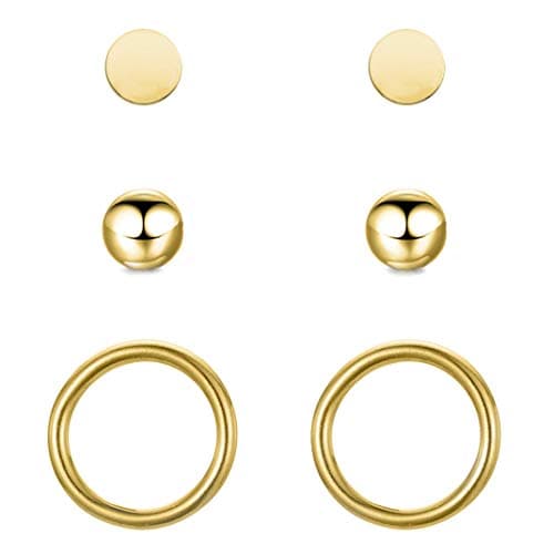 Detalle de BONNYBIRD BonnyClassic: set de pendientes dorados pequeños para mujer (3 pares) de acero inoxidable 316L hipoalergénicos
