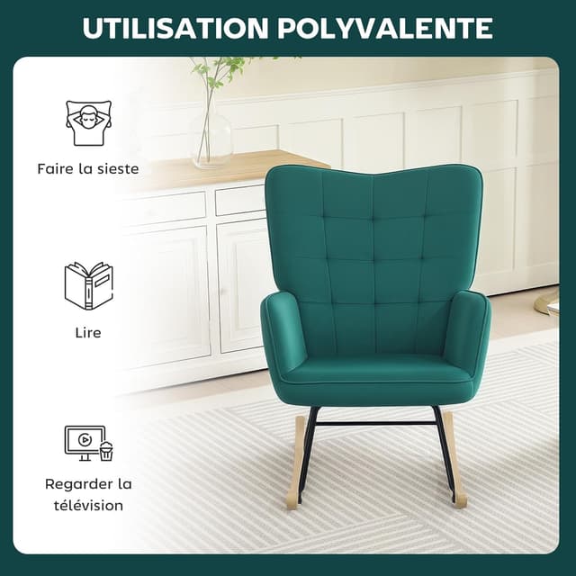 Thumbnail 5 de HOMCOM Fauteuil à Bascule Velours Vert foncé