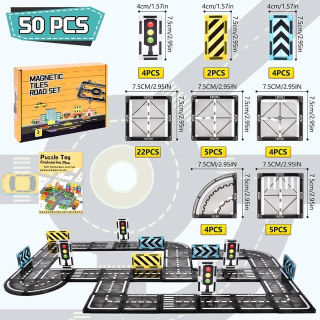 Thumbnail 6 de BuzzoXerex Construction magnétique Routes – 50 pièces de tuiles magnétiques pour créer des parcours routiers