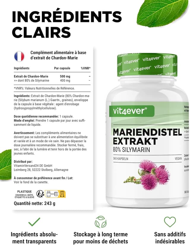 Detalle de Vit4ever Extrait de Chardon-Marie 365 capsules (500 mg) – 80% de silymarine, capsules végétaliennes