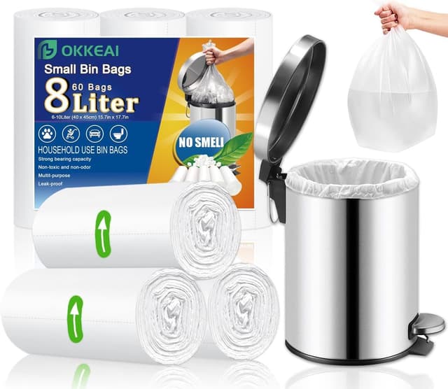 Detalle de OKKEAI small pedal bin liners bathroom bin bags (8l) – clear plastic rubbish bags