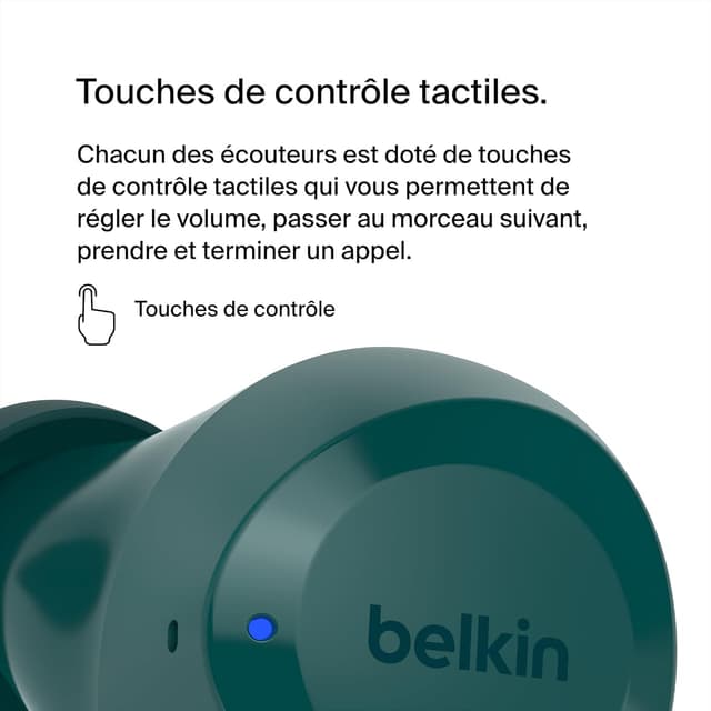 Detalle de Belkin SoundForm Bolt : écouteurs true wireless avec autonomie jusqu’à 28 h, mode mono et certification IPX4