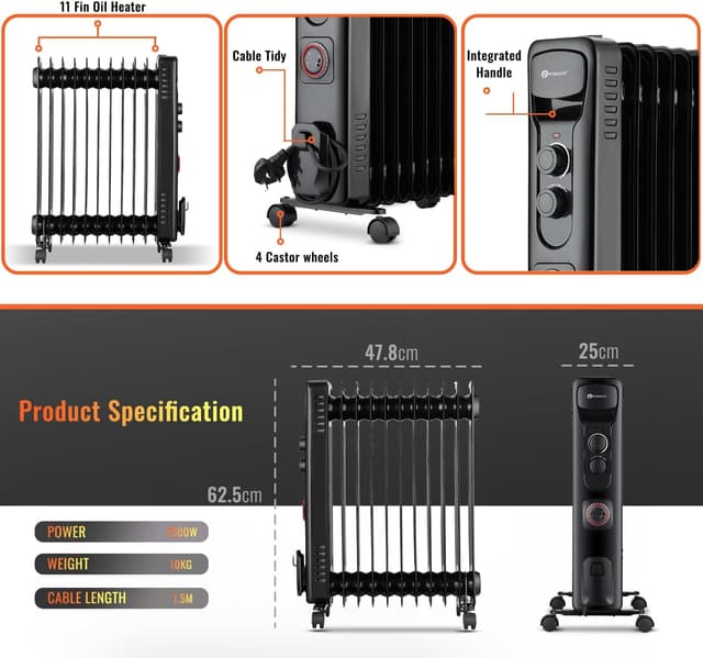 Thumbnail 6 de PureMate Oil Filled Radiator 2500W, 11-fin heater 🏠