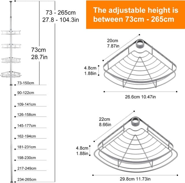 Detalle de Wopeite étagère de douche télescopique réglable 73–265 cm, sans perçage, en acier inoxydable (4 paniers) – gris