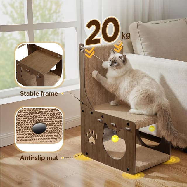 Detalle de Gimars Grattoir chat en carton en forme de chaise avec balles et tunnel cachette (noyer)