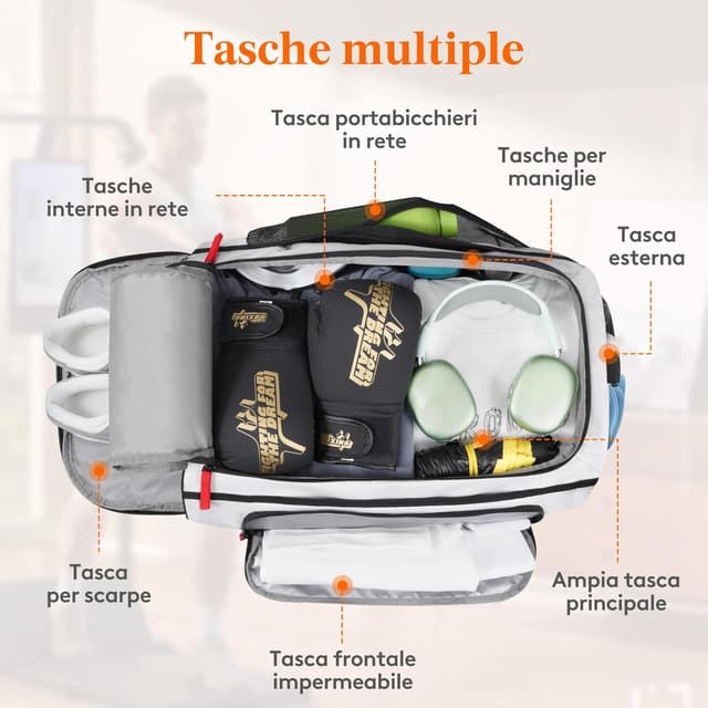 Detalle de Lifewit Borsone palestra 40L 3-in-1 con vano scarpe e tasche impermeabili, grigio argento (55 x 36 x 20 cm)