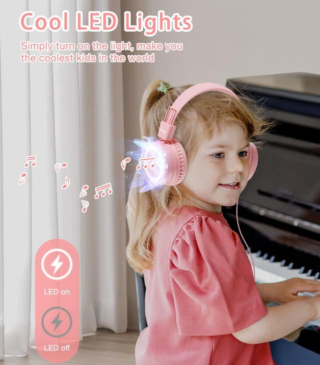 Detalle de Bywulanda Kinder-Kopfhörer mit LED-Lichtern, USB Typ-C, Mikrofon und Lautstärkebegrenzer (85/94 dB)